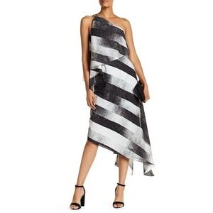 HALSTON HERITAGE Black White Stripe Print One Off the Shoulder Mid Dress Size 6